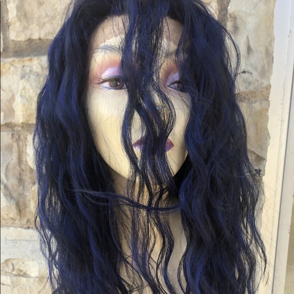 Long blue curly Freeparting wig